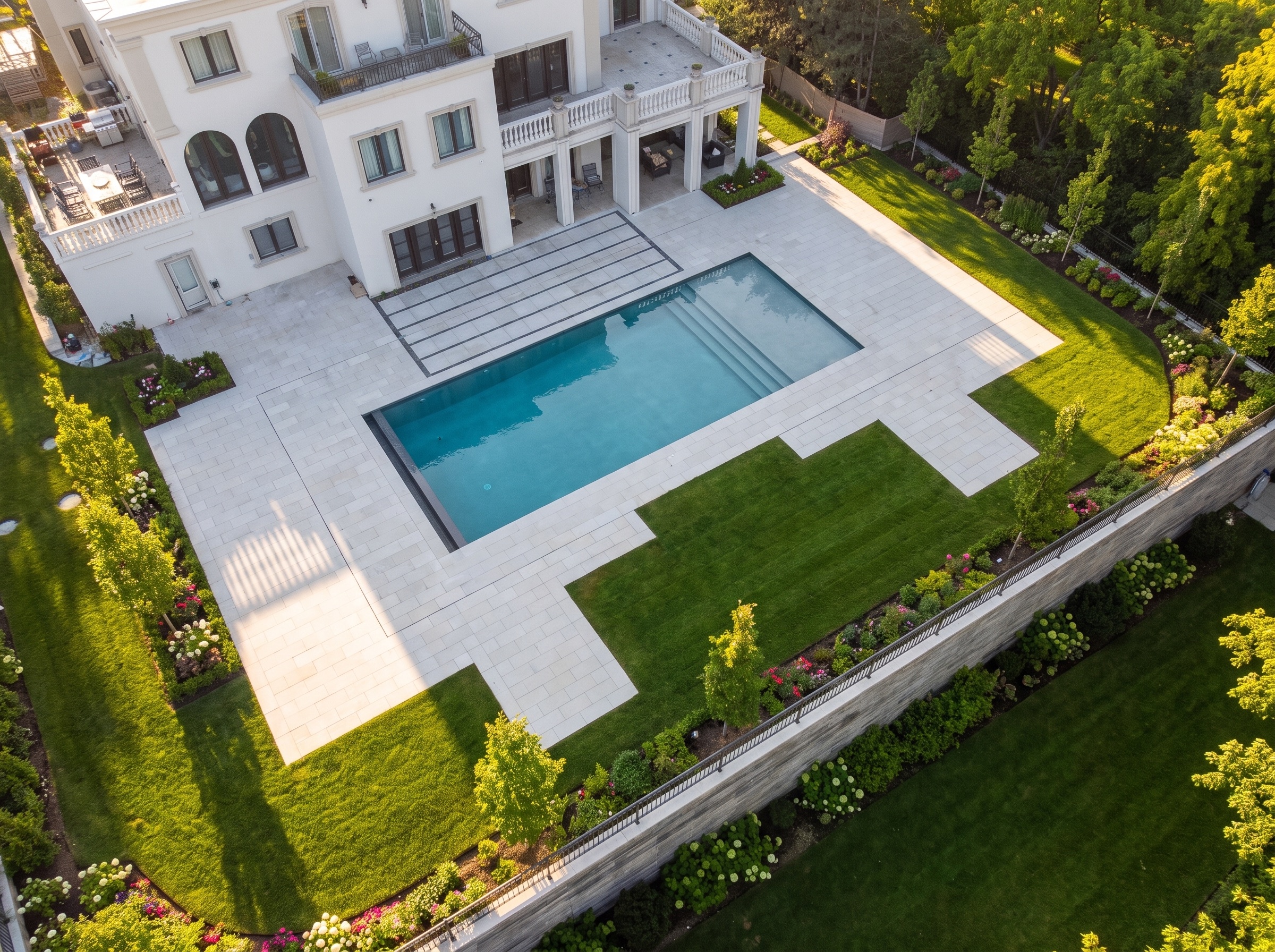 After: the finished pool, stone patio and lush landscaped grounds of a Solid Landscaping project