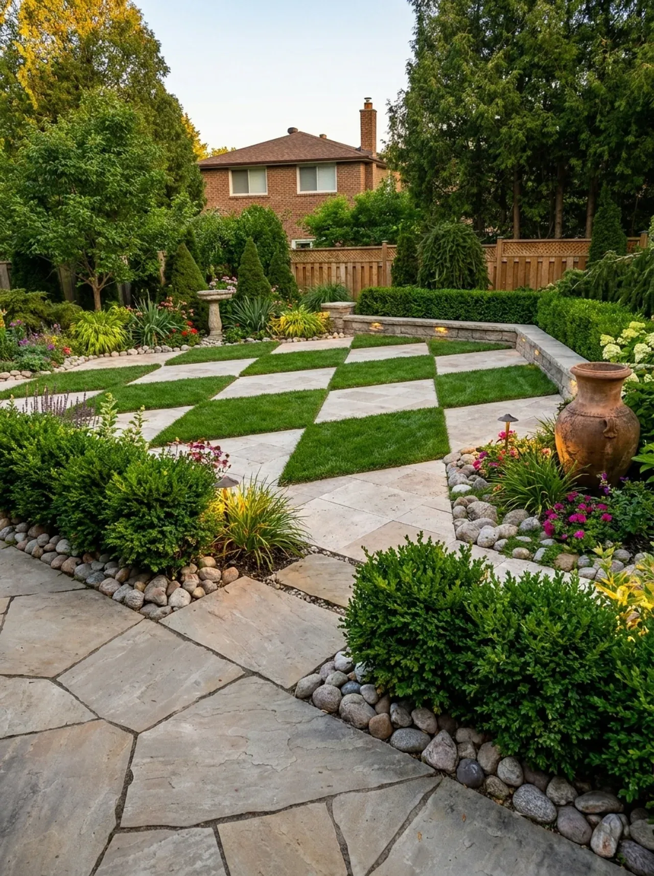Checkerboard lawn-and-stone garden with layered planting beds and rockwork