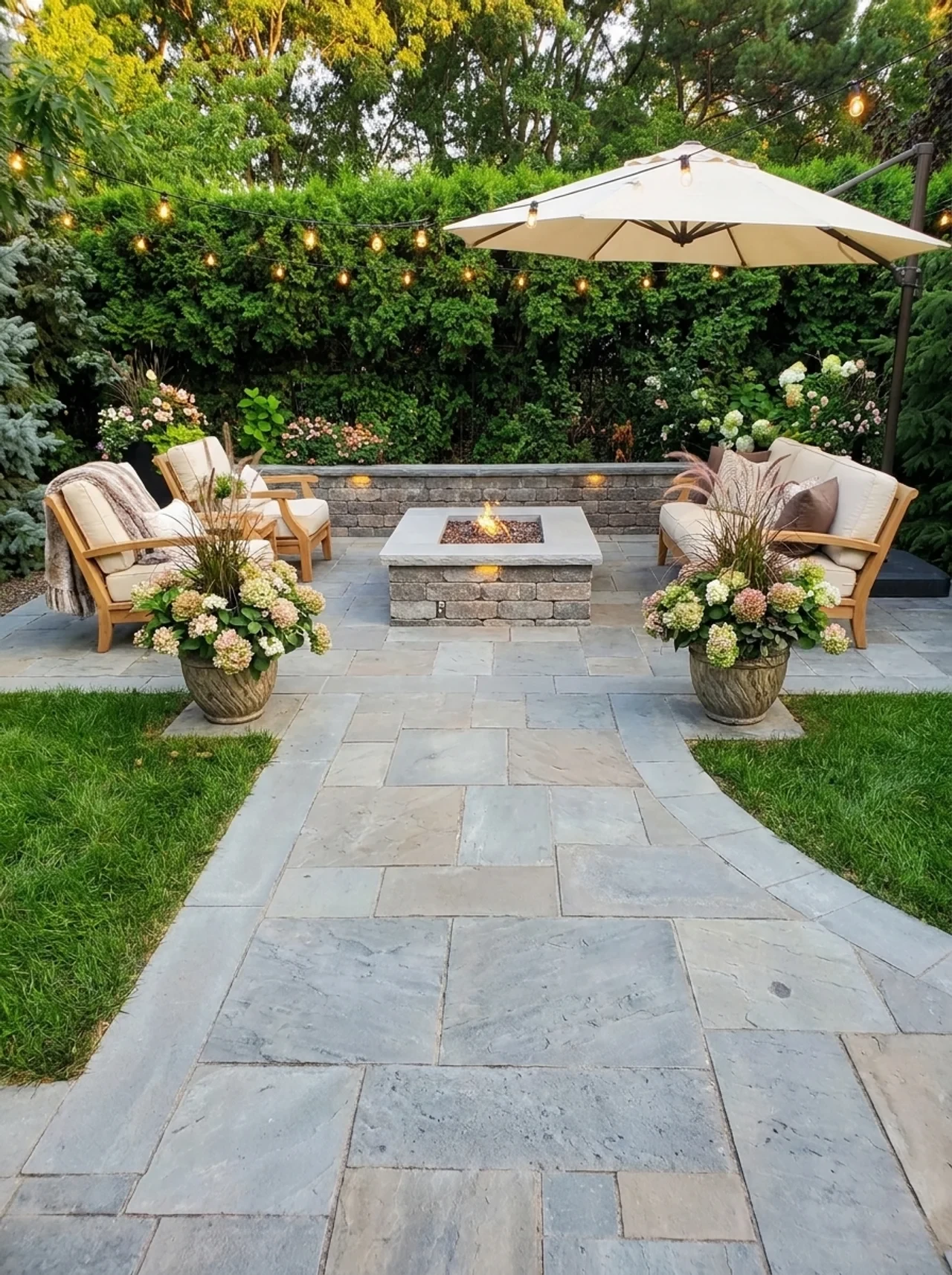 Stone patio with fire pit, lounge seating and string lights at dusk
